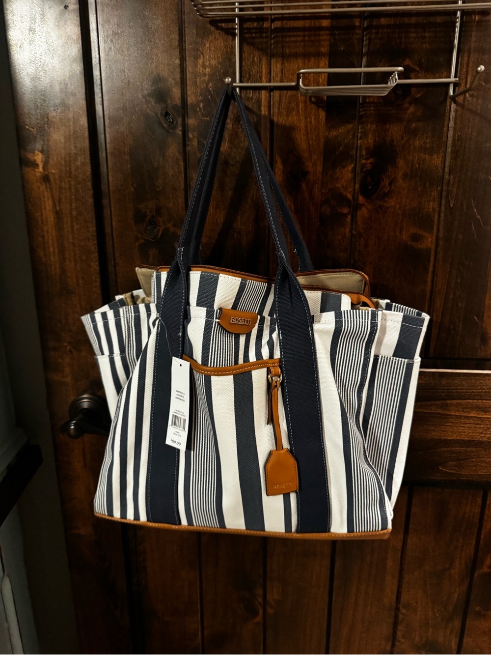 Rosetti Navy and White Striped Canvas Tote with Tan Trim